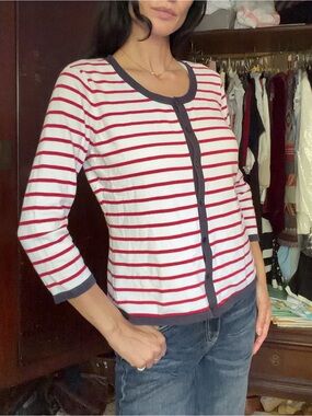 Talbots super cute Striped Red & White Button Cardigan with Navy Trim